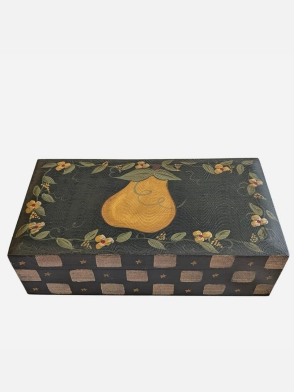 Vintage Hand Painted Wooden Trinket Box Pear Floral Motif Sri Lanka
